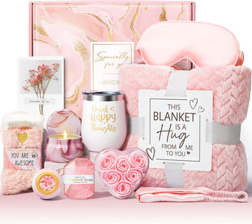Rose Relaxing Spa Gifts Basket Care Package w/ Luxury Flannel Blanket, Unique Mothers Day Gifts for Mom Her Friend Sister Wife Grandma