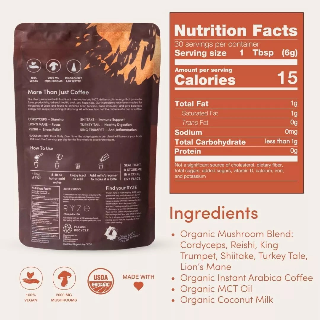Organic RYZE Mushroom Coffee  -  Pack of 3, Discounted offer, 30 Servings Per Pack Free Shipping